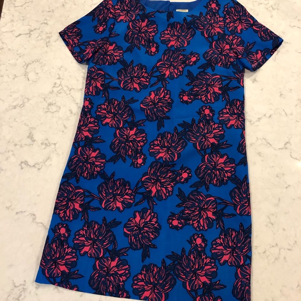 J. Crew Factory Blue Midi Dress with Pink Floral Print